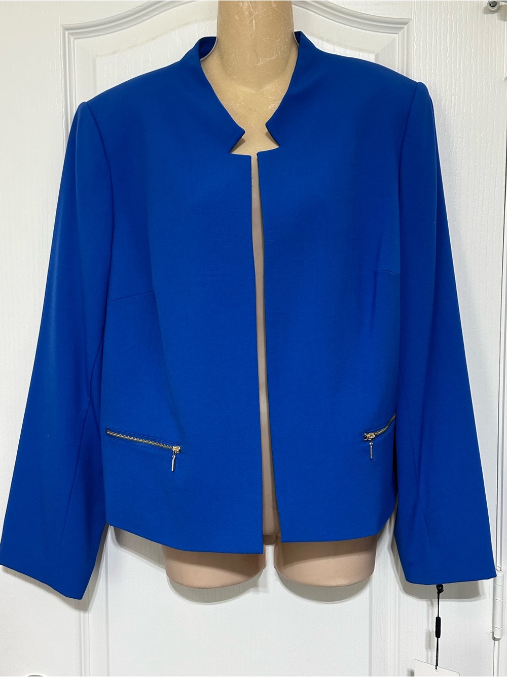 Calvin Klein Vibrant Cobalt Blue Collarless Open-Front Blazer